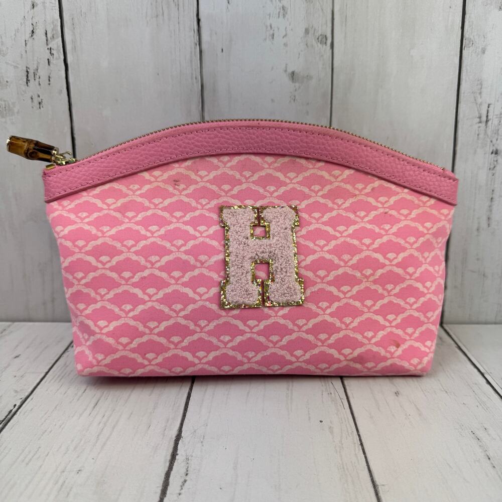 J. McLaughlin Pink Initial "H" Makeup Bag Gold Leather Zipper